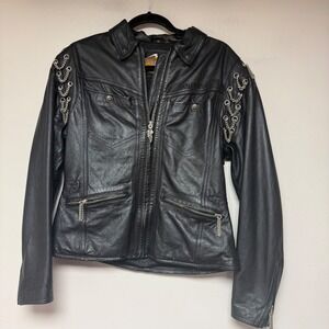Harley Davidson Leather Biker Jacket Women M Black Excellent Chain Detail Moto